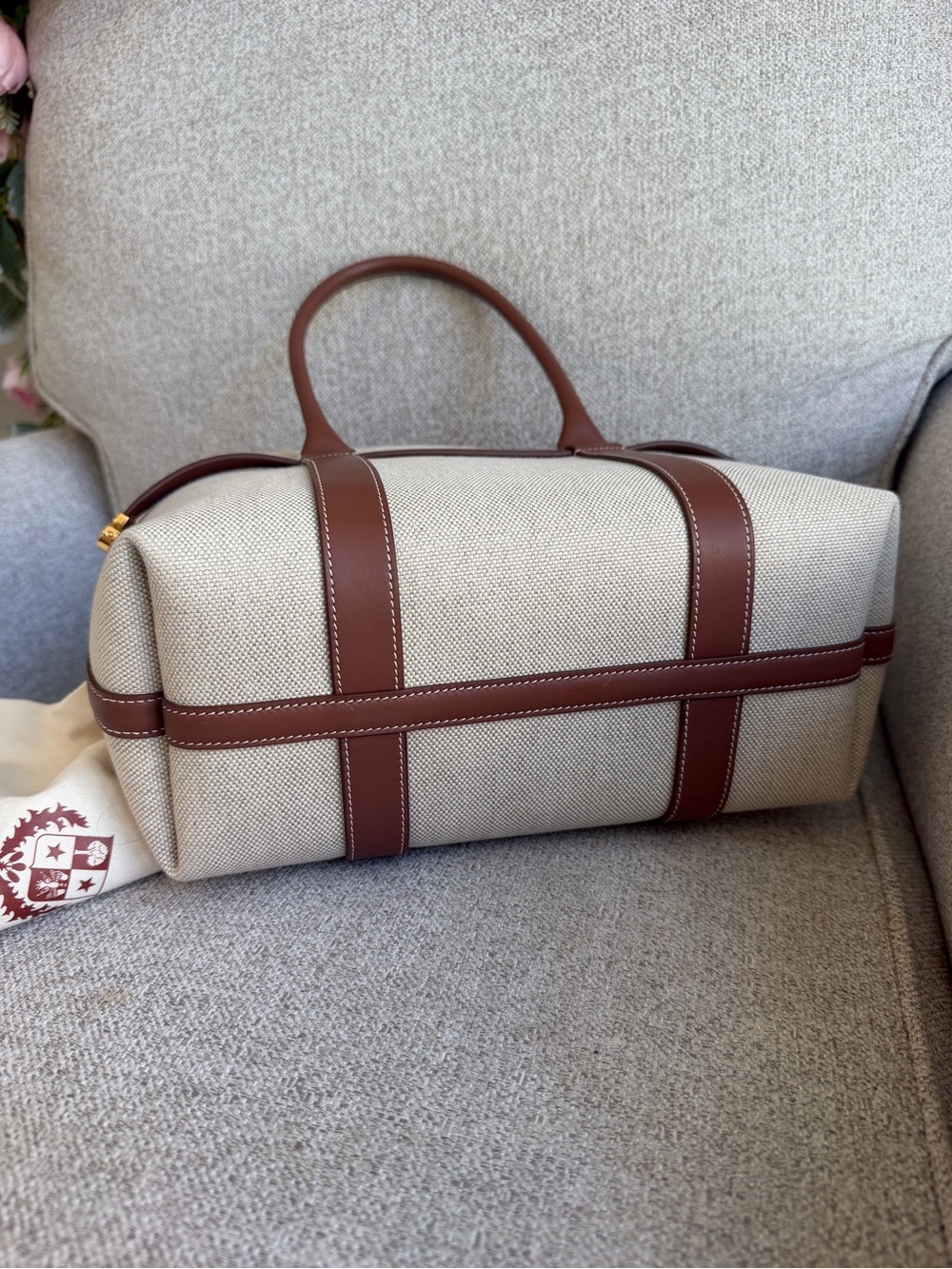 Loro Piana Beige Canvas Tote with Brown Leather Trim - Picture 3 of 5
